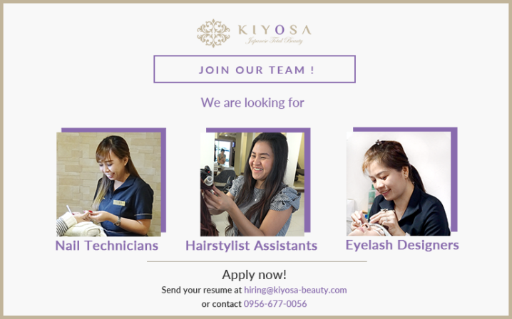 kiyosa japanese total beauty hiring nail technicians, hairstylist assistant and eyelash designers